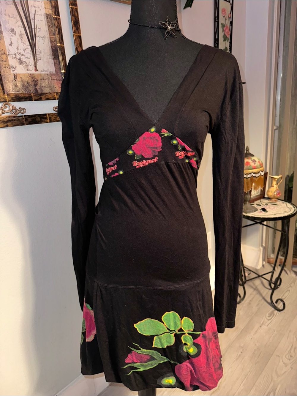 Vtg Y2K Desigual Black Long-Sleeve Floral Red Rose V-Neck Mini Dress Tie Back, S